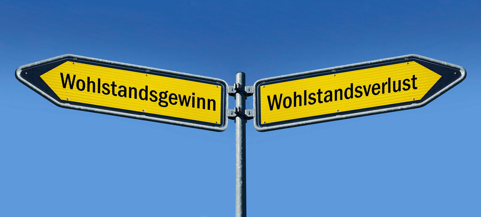  In zwei Richtungen zeigen Wegweiser mit den Schriftzuegen Wohlstandsgewinn und Wohlstandsverlust.